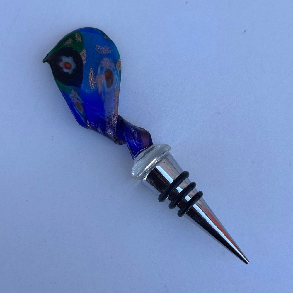 Murano Style Art Glass Bird Floral Speckle Wine Bottle Stopper Blue with Box